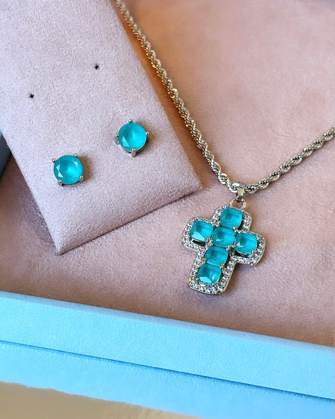 Pave Colombian Emerald Cross Necklace and Earring Set