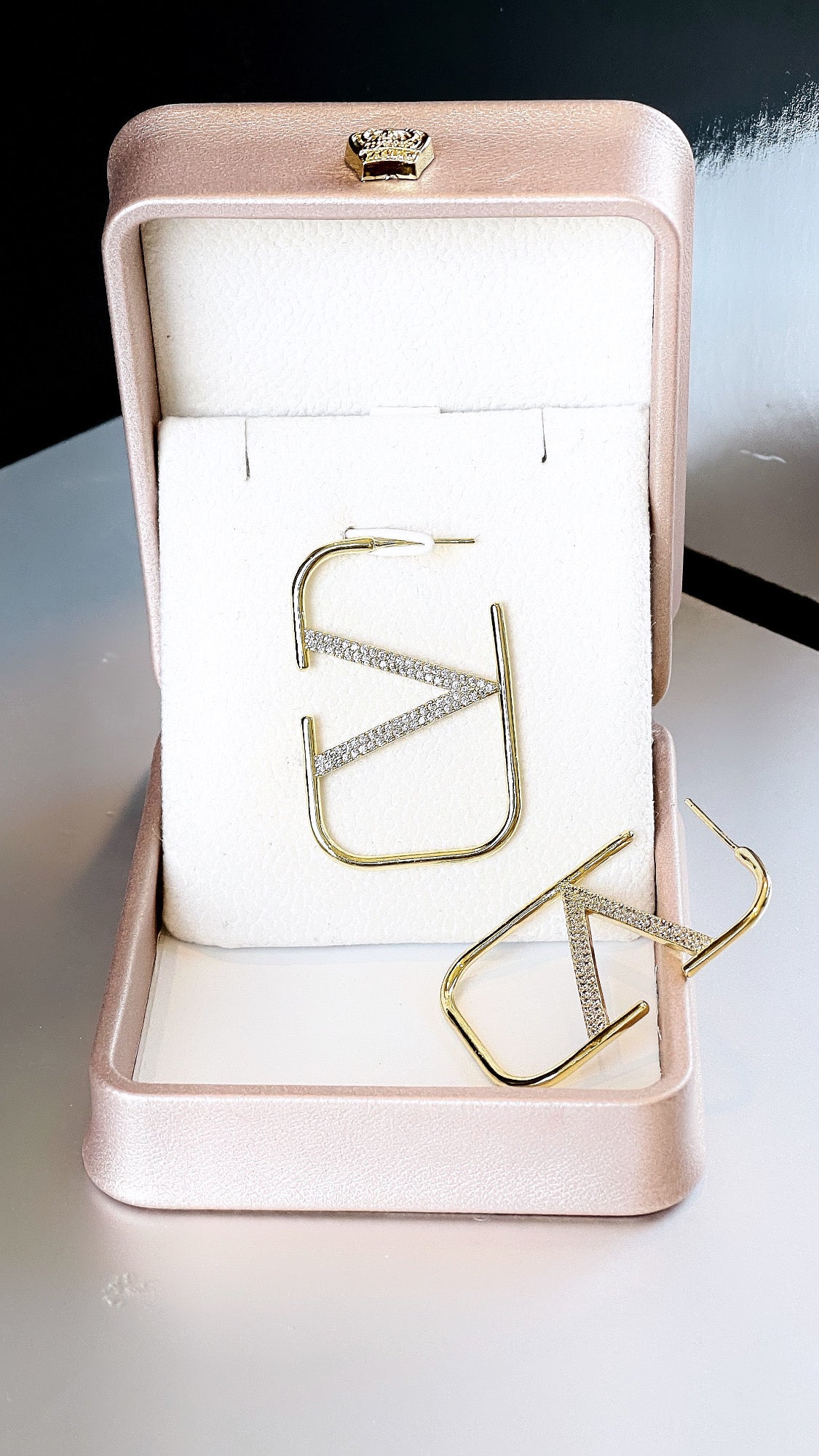 Pave Rectangle V Inspiration Hoop Earrings