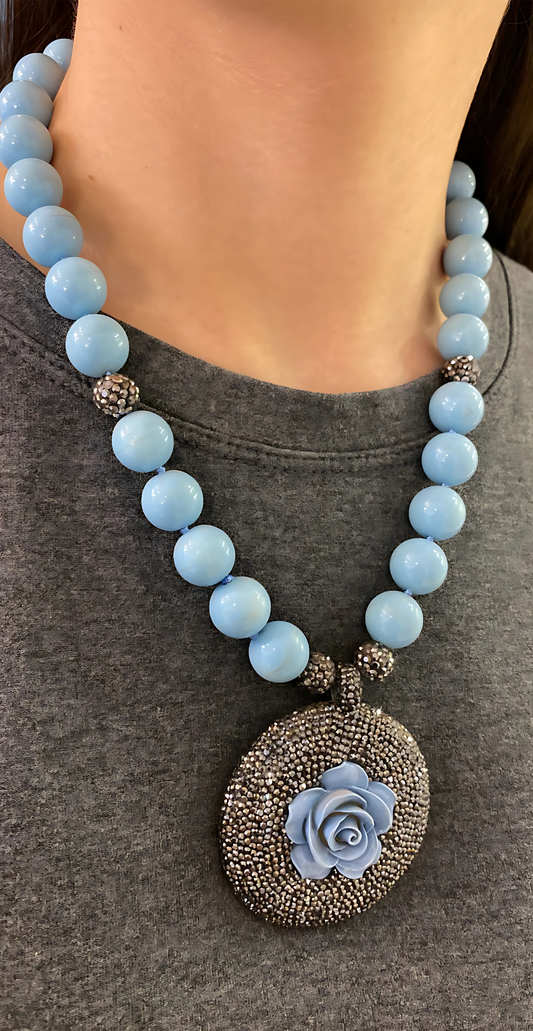 Flower Mandala Blue Provence Glass Pearl Necklace