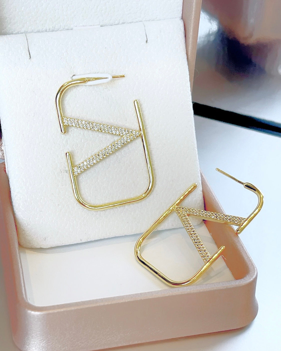 Pave Rectangle V Inspiration Hoop Earrings