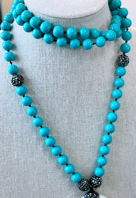 Glass Pearl Turquoise Calcite Donut Tassel Necklace