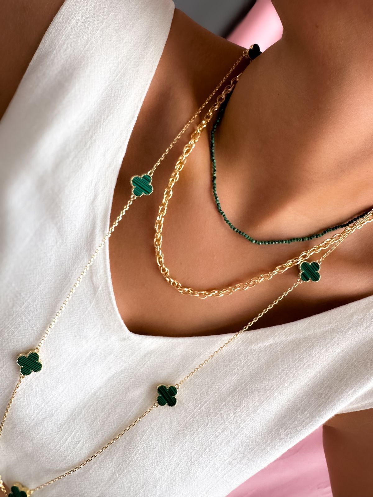 Long Enamel Green Clovers Inspiration VC Designer Necklace