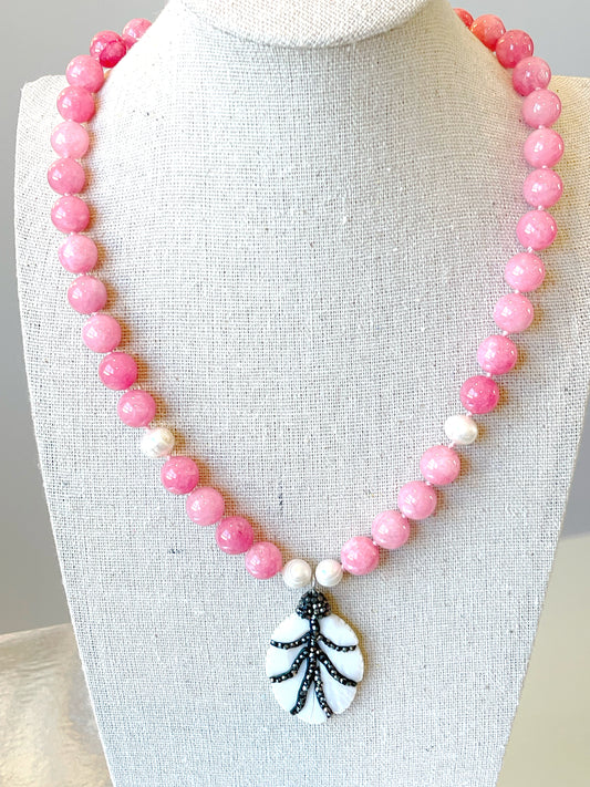 Madre Feather Light Pink 10MM Jade Necklace
