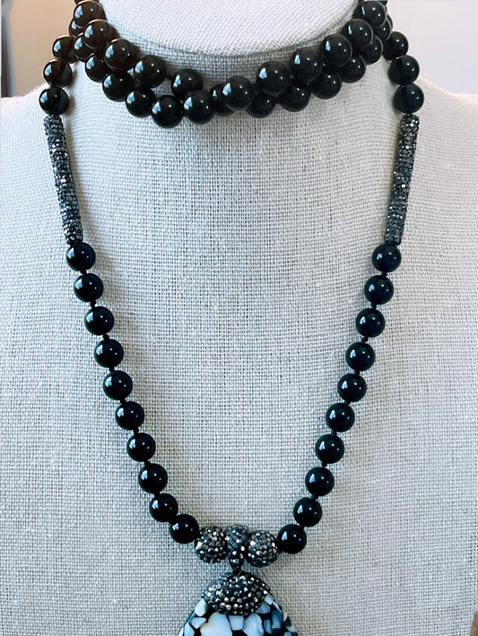 Graphite Pinolite Drop in Black Agate Necklace