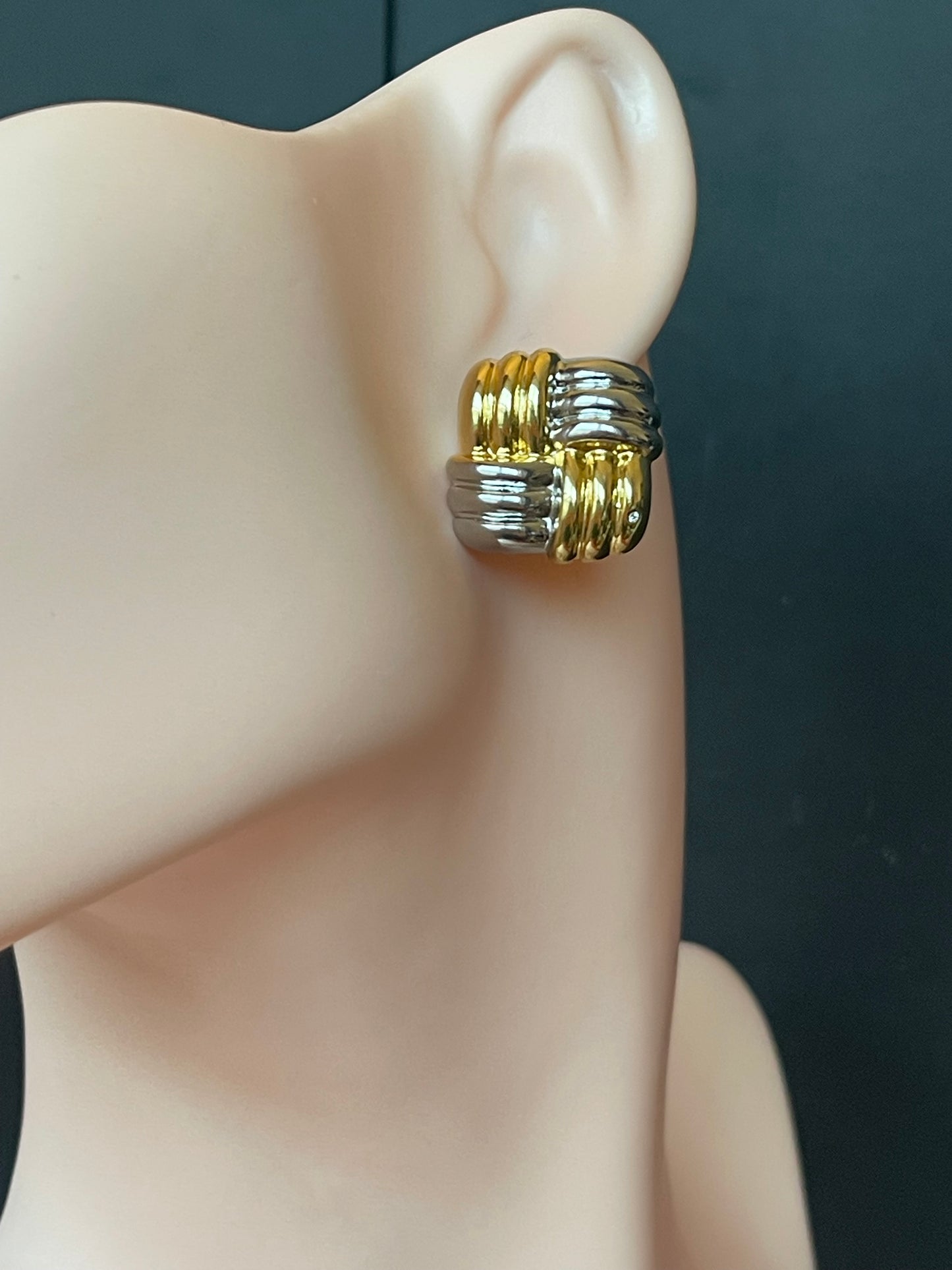Mix Metal Ribbed Squared Button Earring