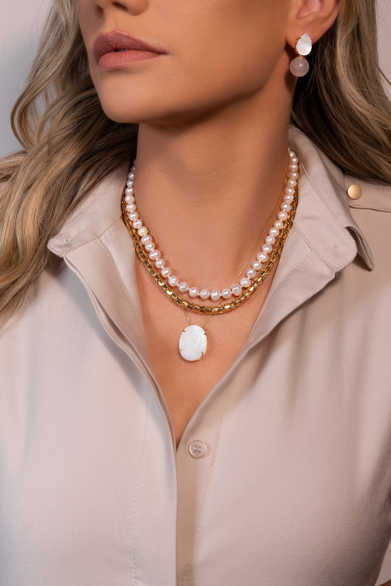 Gemstone Ball and Mother Pearl Earring