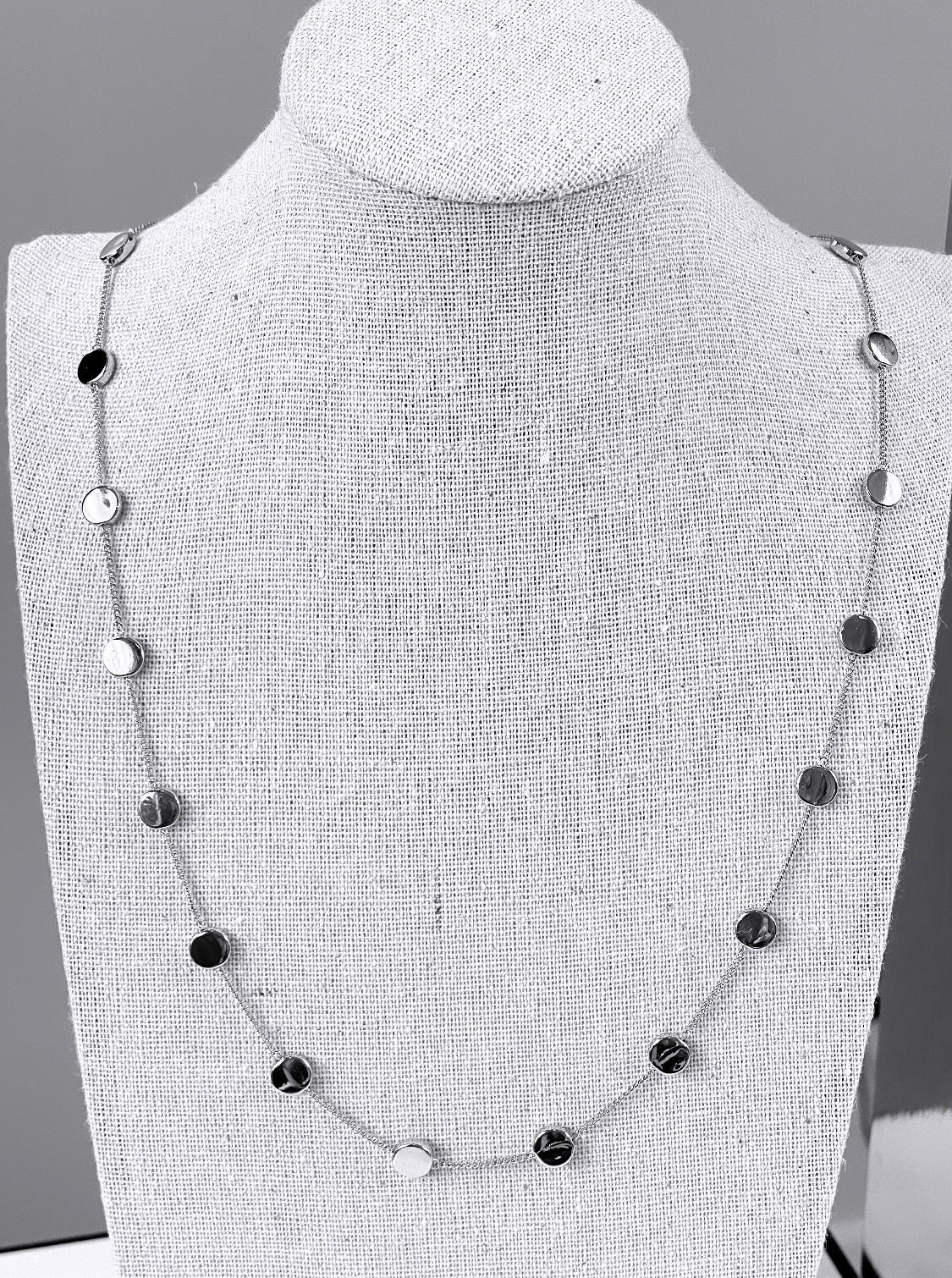 Long Glossy Coins Rhodium Necklace