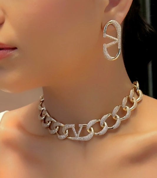 Pave V Logo Designer Earring