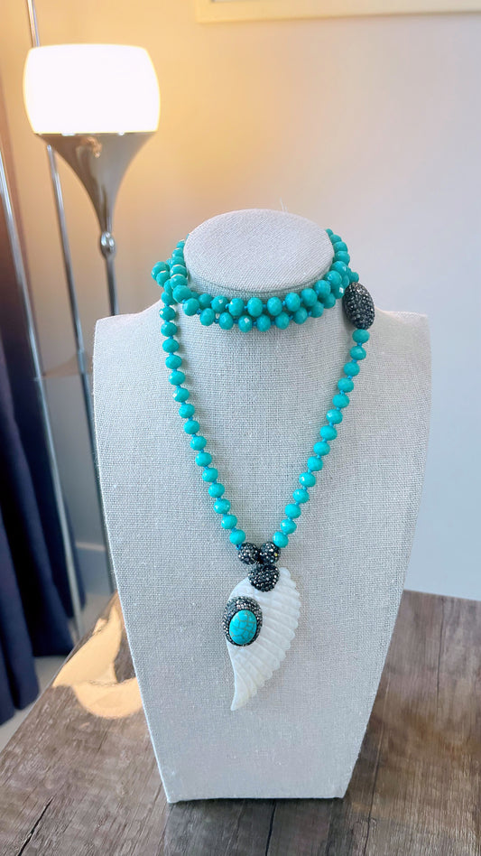 Feather Mother of Pearl Turquoise Bead Necklace