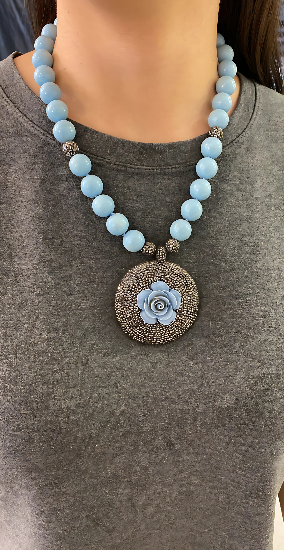 Flower Mandala Blue Provence Glass Pearl Necklace