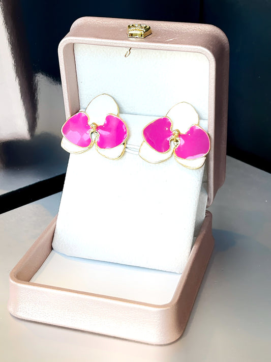 White & Fuchsia Enamel Flower Earring