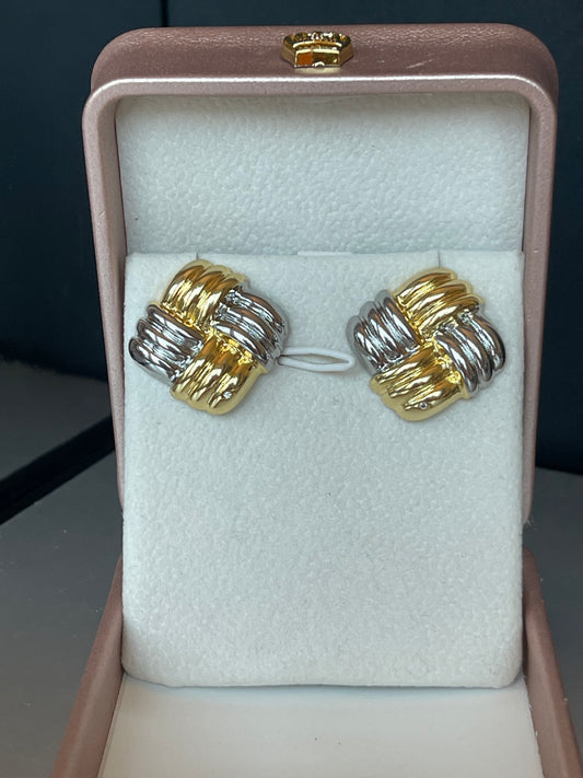 Mix Metal Ribbed Squared Button Earring