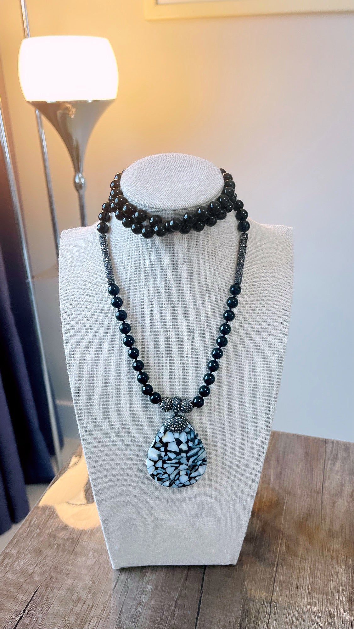 Graphite Pinolite Drop in Black Agate Necklace