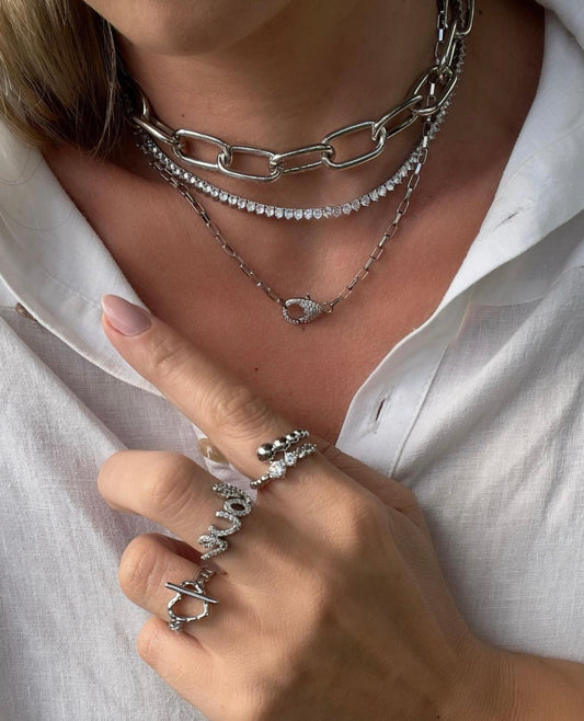 Heart & Links Rhodium Ring