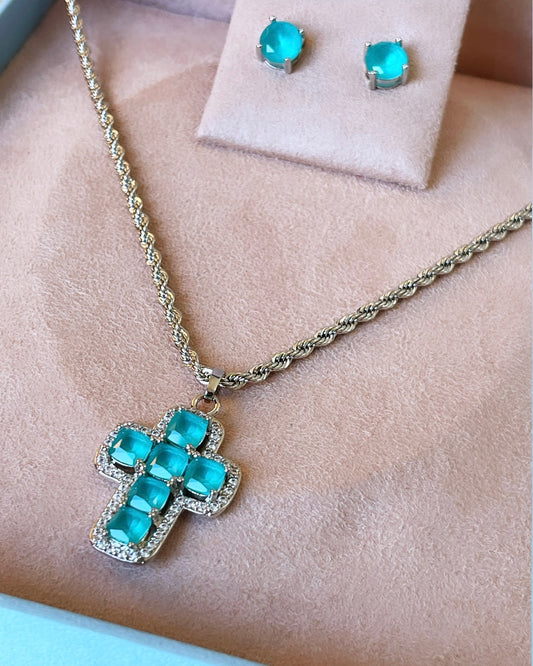 Pave Colombian Emerald Cross Necklace and Earring Set