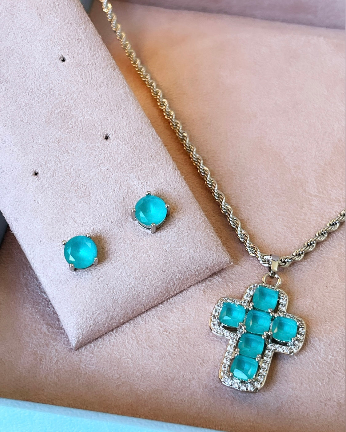 Pave Colombian Emerald Cross Necklace and Earring Set