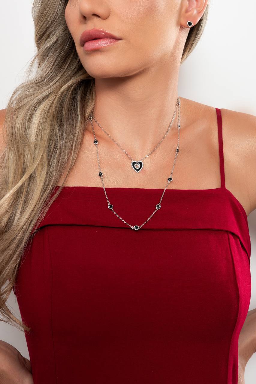 Black Zirconia Dots Rhodium Necklace