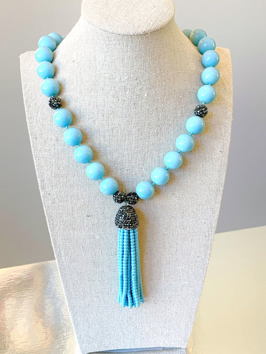 Tassel Blue Provence Glass Pearl Necklace