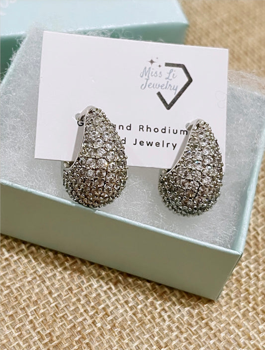 Wide Pave Tear Drop Rhodium Hoop