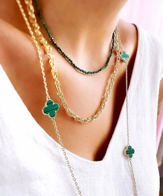 Long Enamel Green Clovers Inspiration VC Designer Necklace