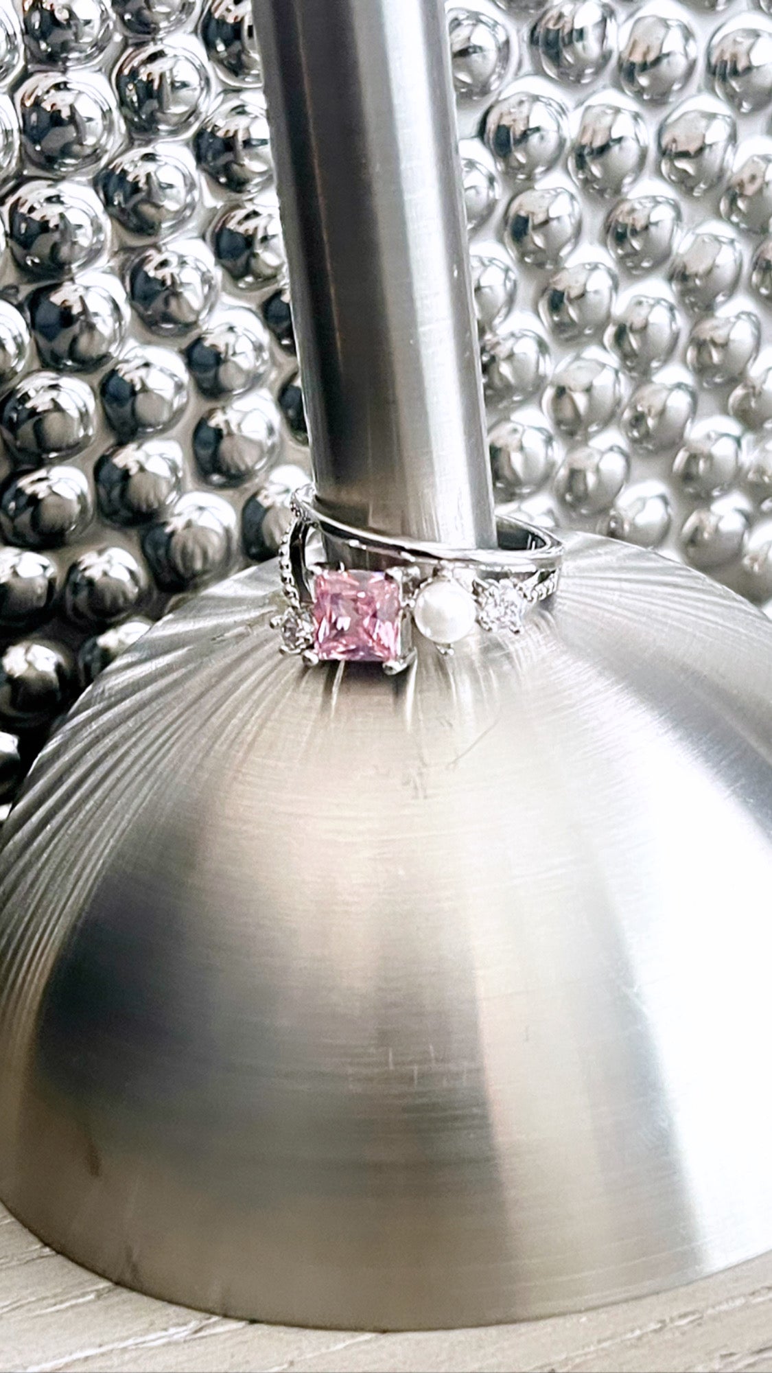 Kunzite LabGem and Pearl Rhodium Ring