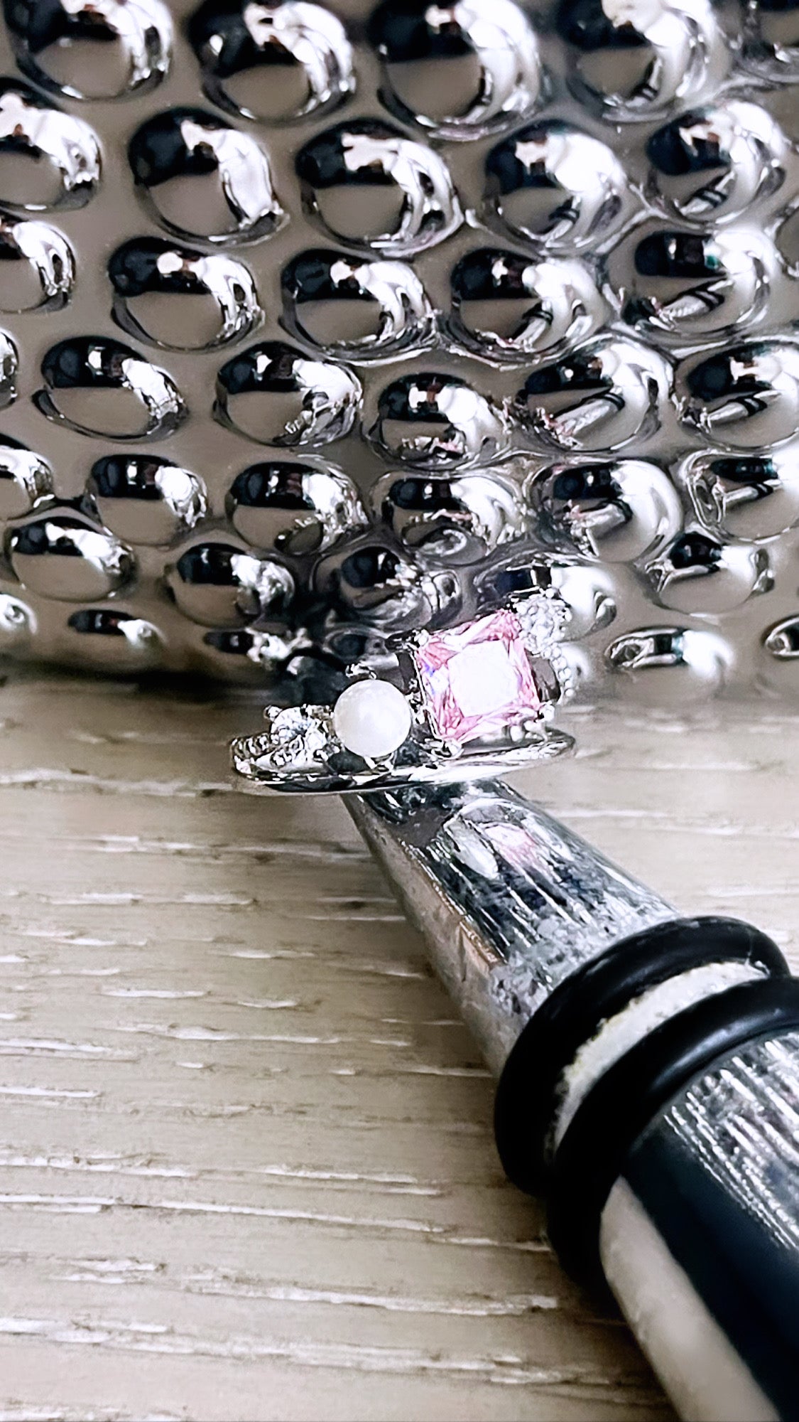 Kunzite LabGem and Pearl Rhodium Ring