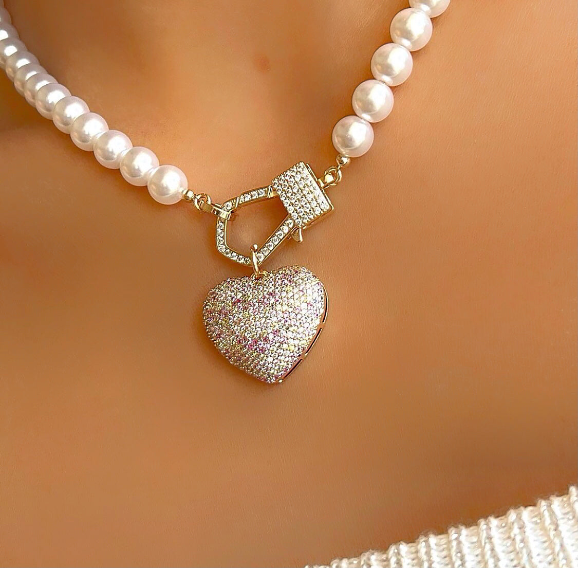 Luxury Pearl Necklace Pave Heart