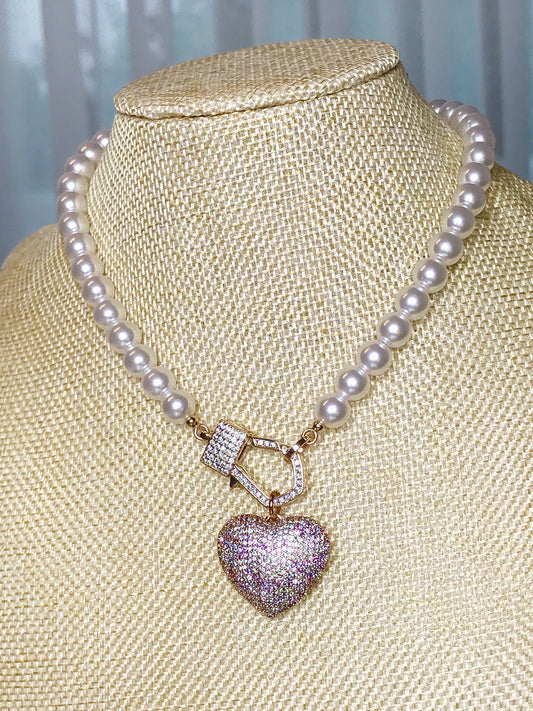 Luxury Pearl Necklace Pave Heart