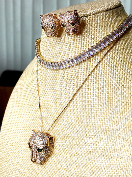 Panther Designer Inspiration Pave Stud Necklace and Earrings Set