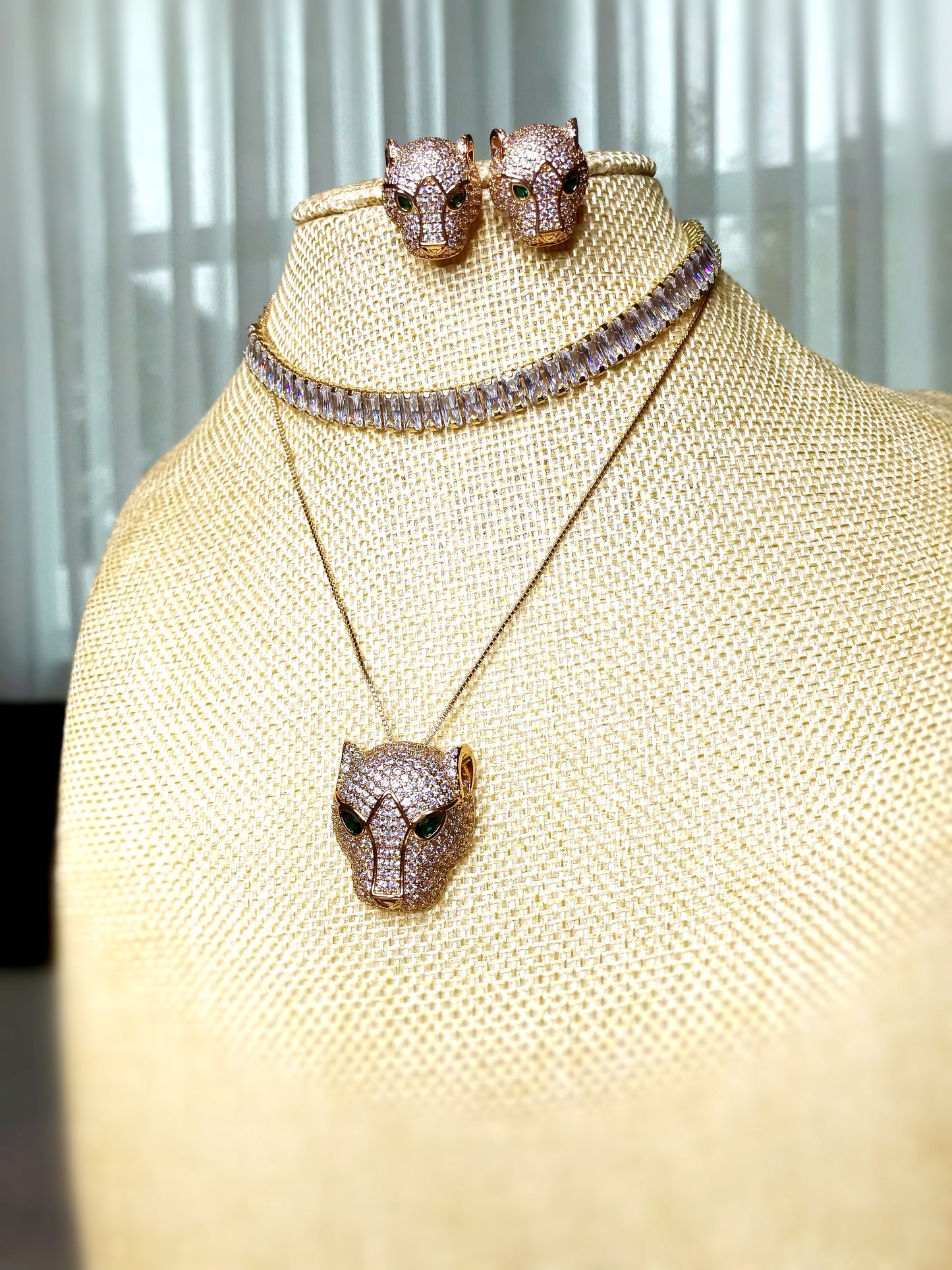 Panther Designer Inspiration Pave Stud Necklace and Earrings Set
