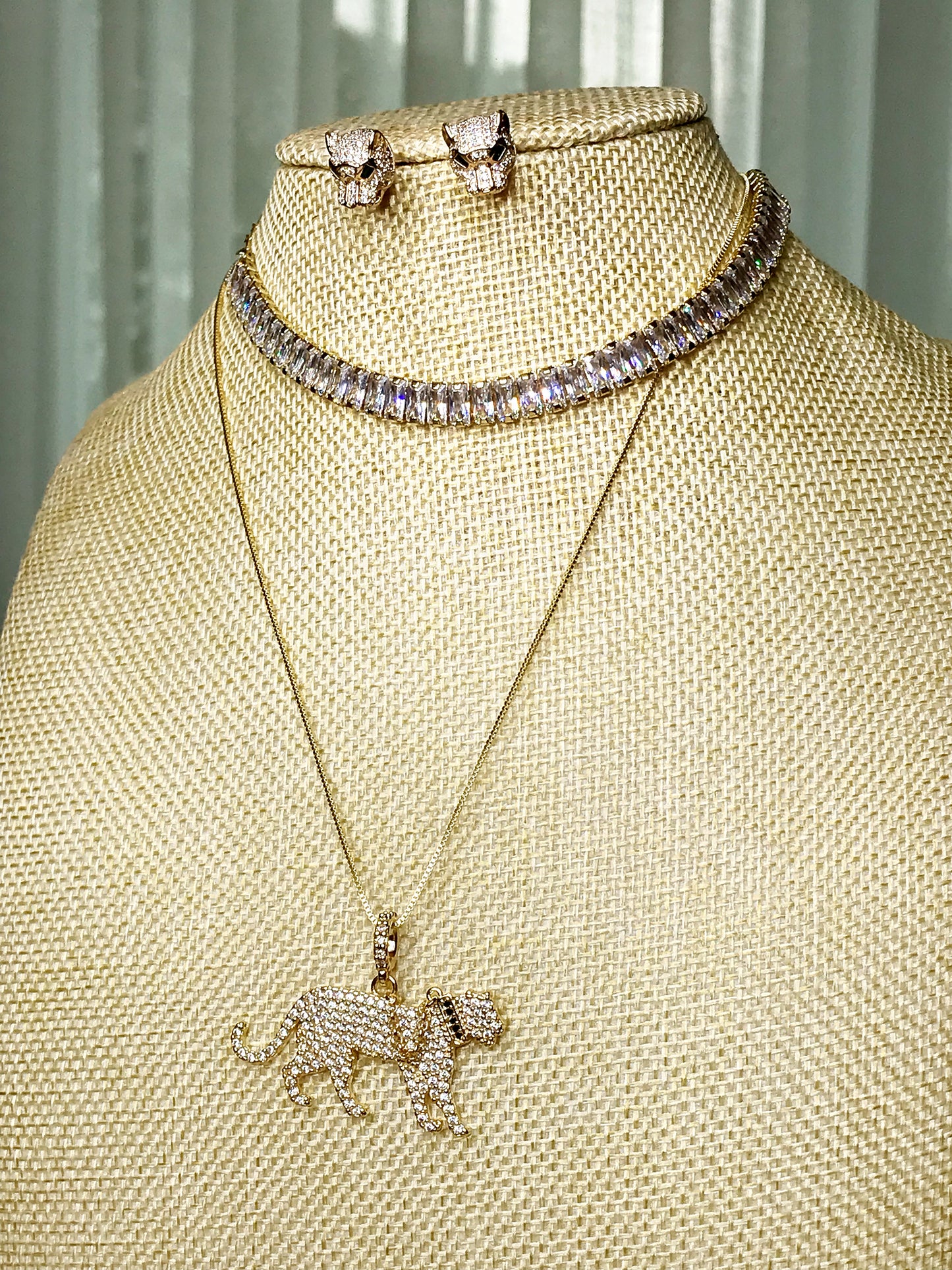 Body Panther Designer Inspiration Pave Stud Necklace and Earrings Set