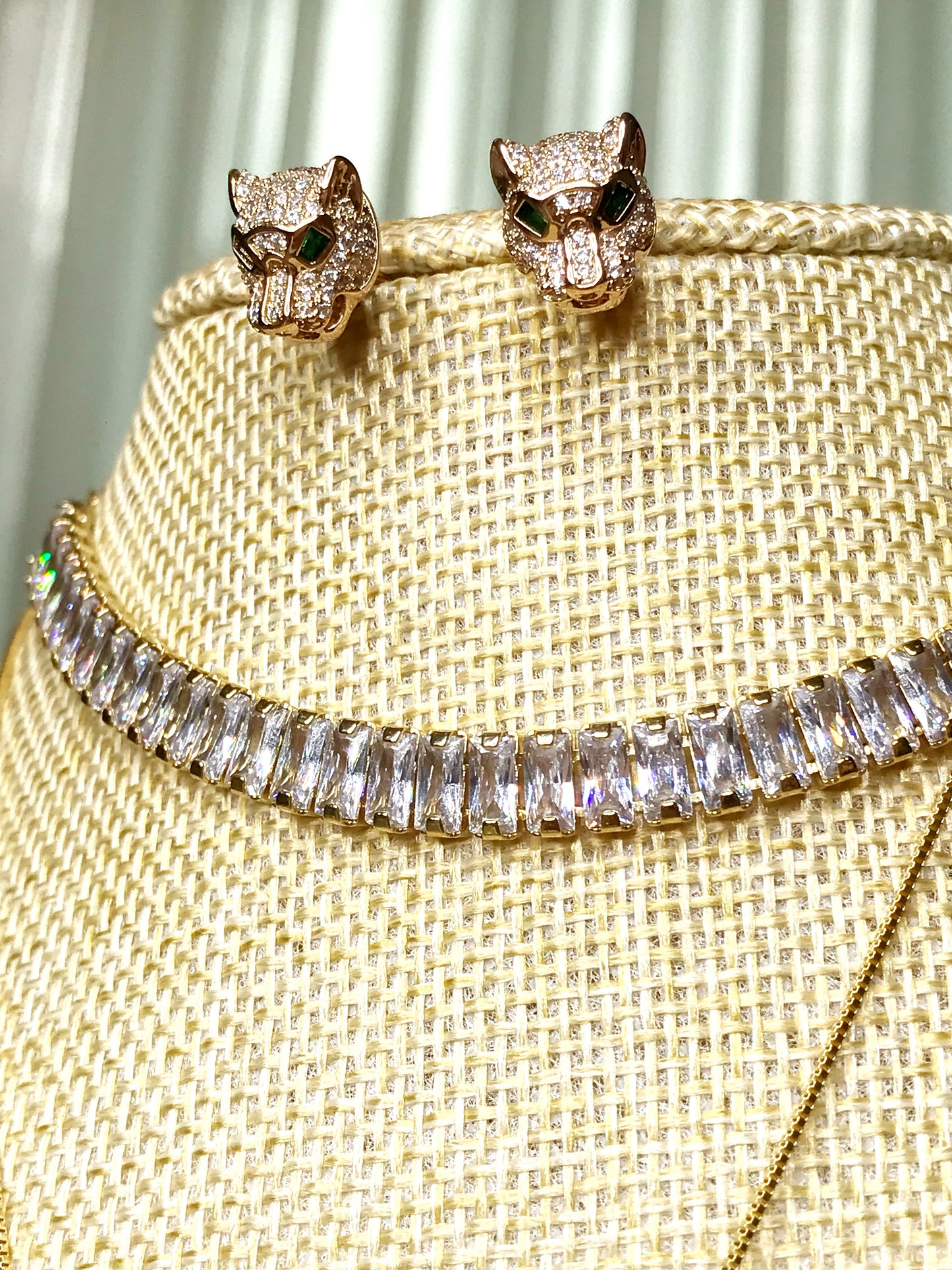 Body Panther Designer Inspiration Pave Stud Necklace and Earrings Set