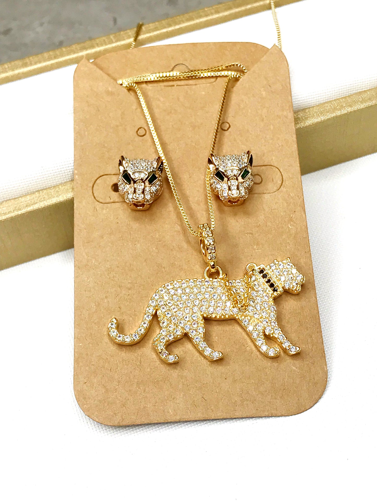 Body Panther Designer Inspiration Pave Stud Necklace and Earrings Set