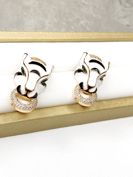 White Enamel Panther Earring