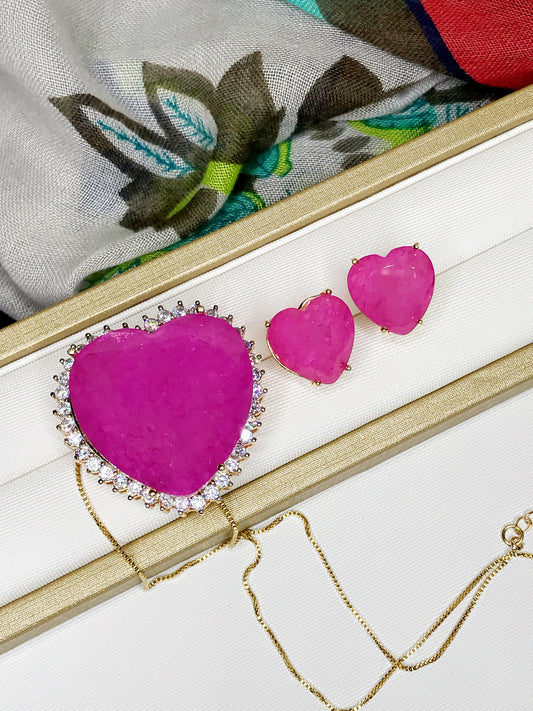 Maxi Heart Necklace and Earring Pink Tourmaline LabGemstone Set
