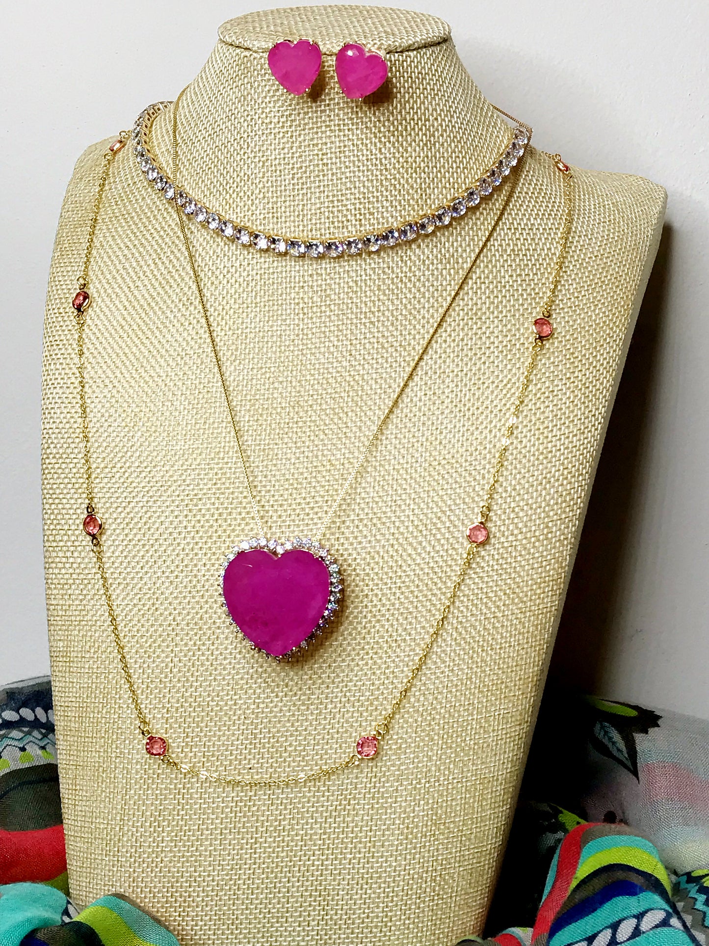 Maxi Heart Necklace and Earring Pink Tourmaline LabGemstone Set