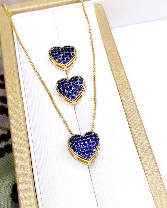 Small Sapphire Pave Heart Necklace and Earring Set