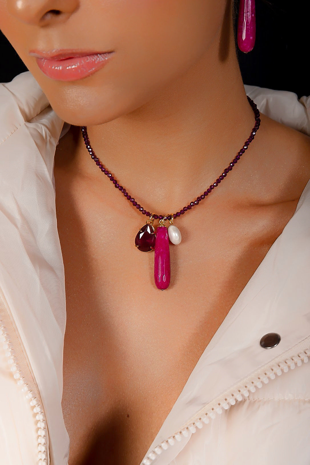 Maroon Jade Gem Necklace and Earring Set