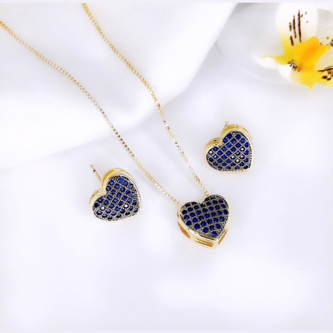 Small Sapphire Pave Heart Necklace and Earring Set