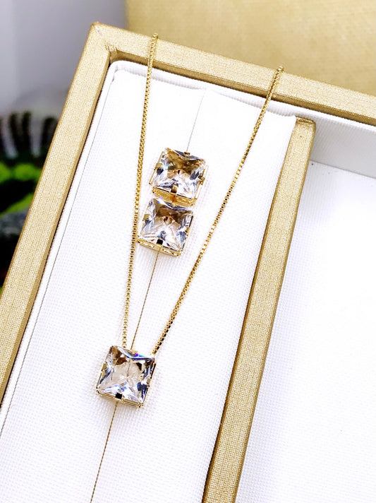 Squared Crystal Zirconia Necklace and Earring Set