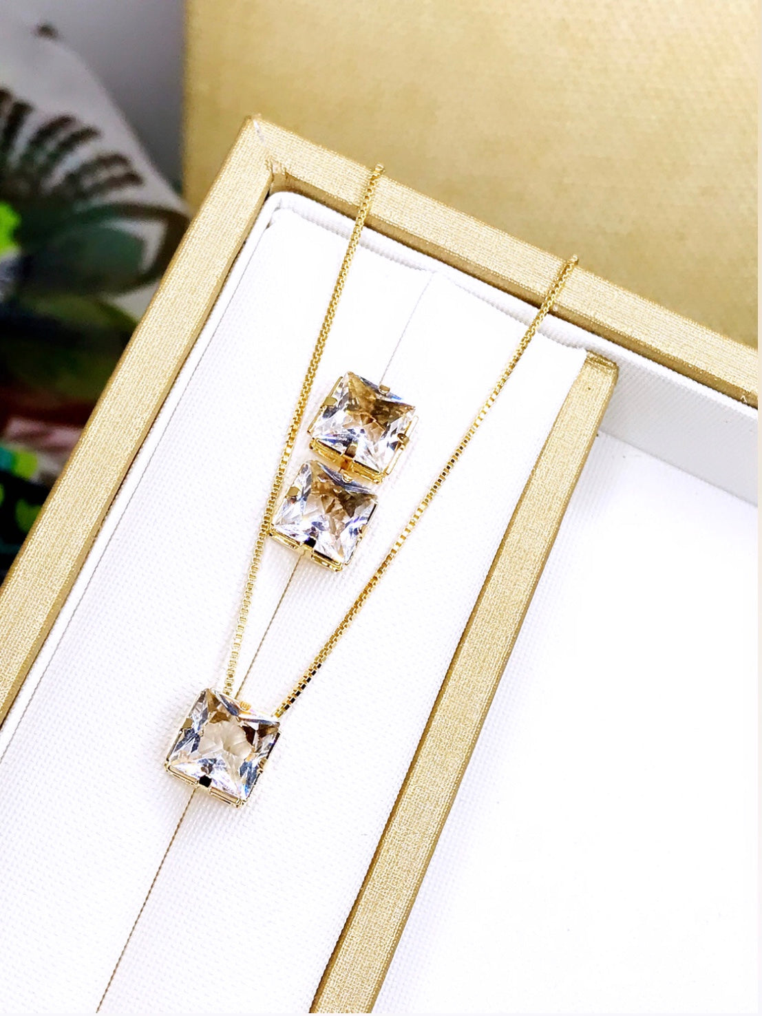 Squared Crystal Zirconia Necklace and Earring Set