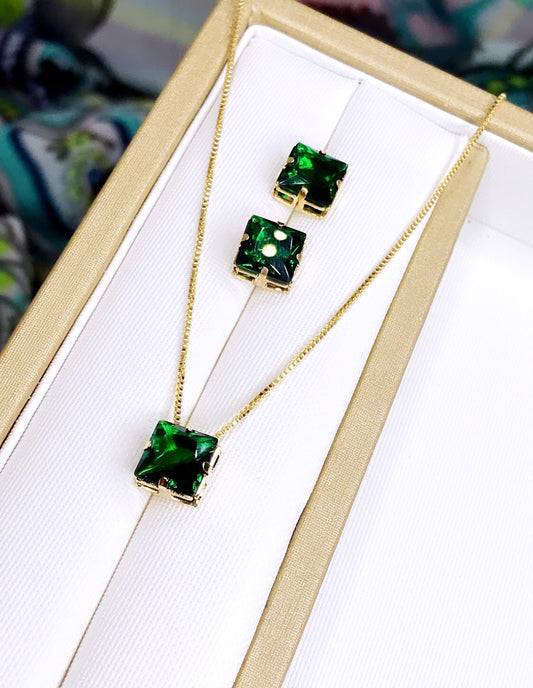 Squared Green Zirconia Necklace and Earring Set