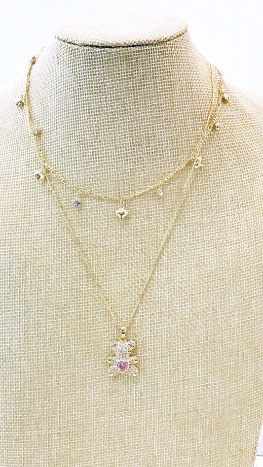 Teddy Bear Necklace Pink Zirconia