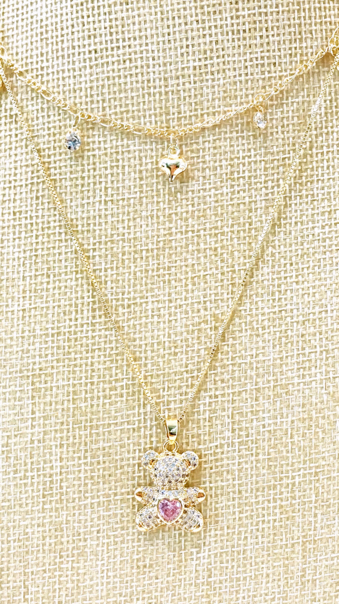 Teddy Bear Necklace Pink Zirconia