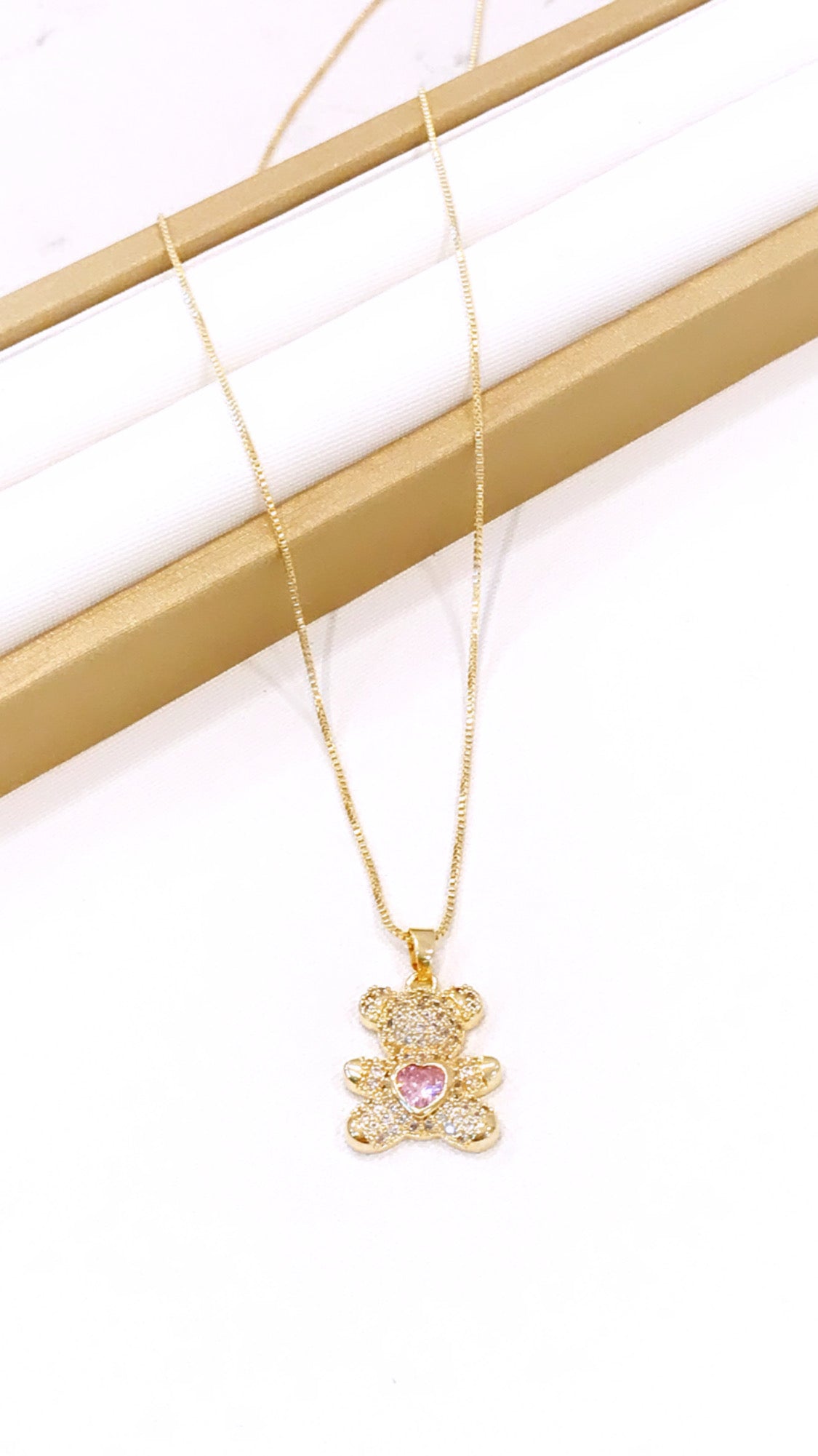 Teddy Bear Necklace Pink Zirconia