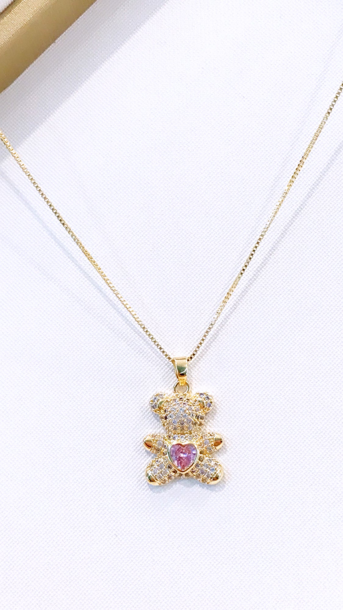 Teddy Bear Necklace Pink Zirconia