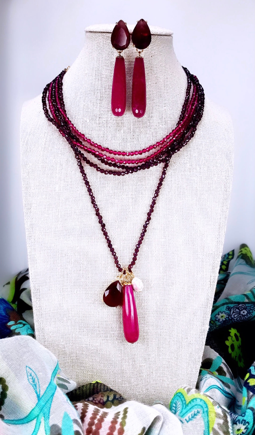 Maroon Jade Gem Necklace and Earring Set