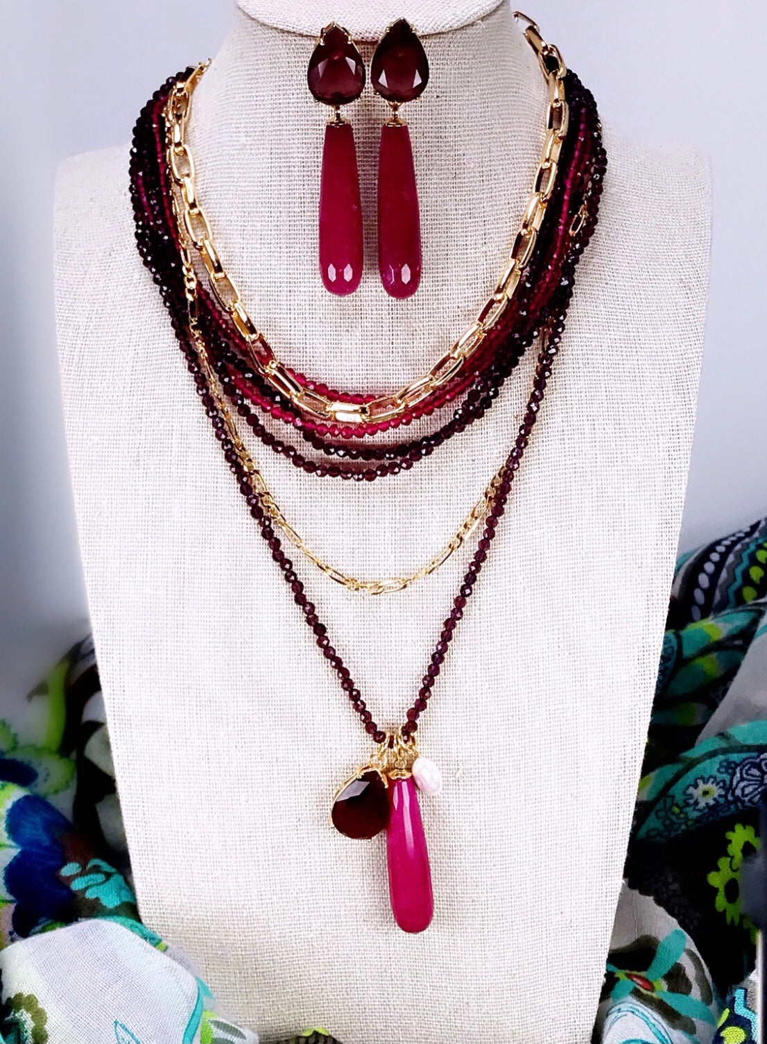 Maroon Jade Gem Necklace and Earring Set