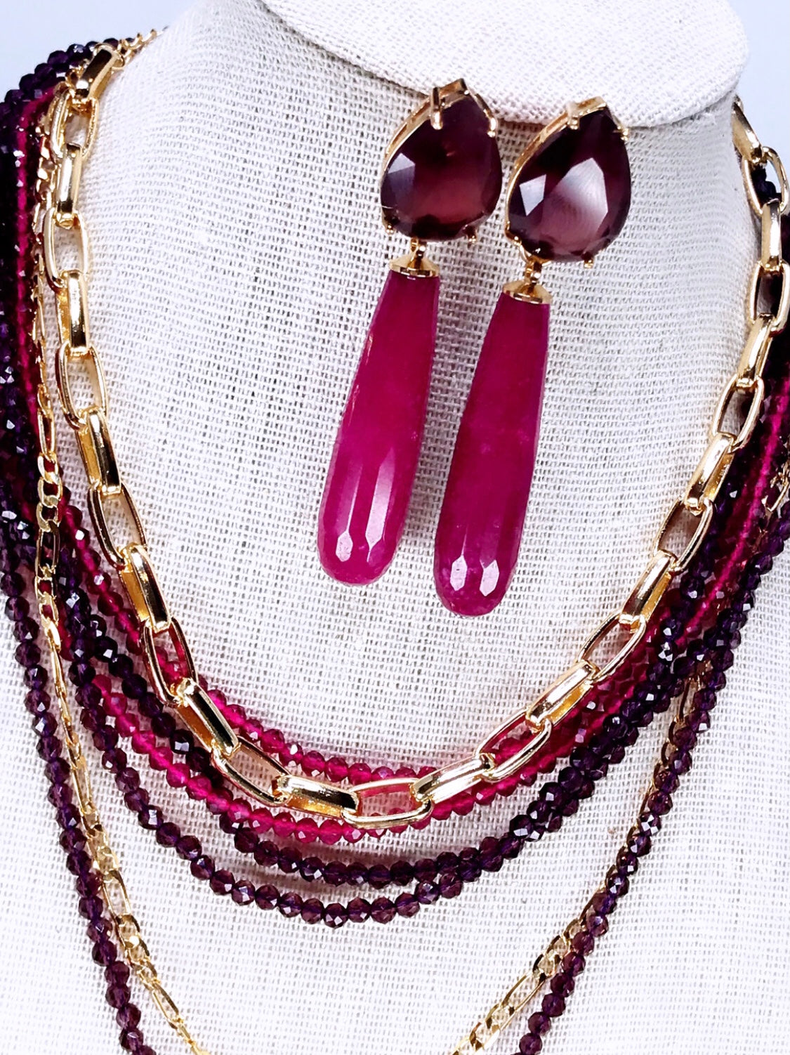 Maroon Jade Gem Necklace and Earring Set