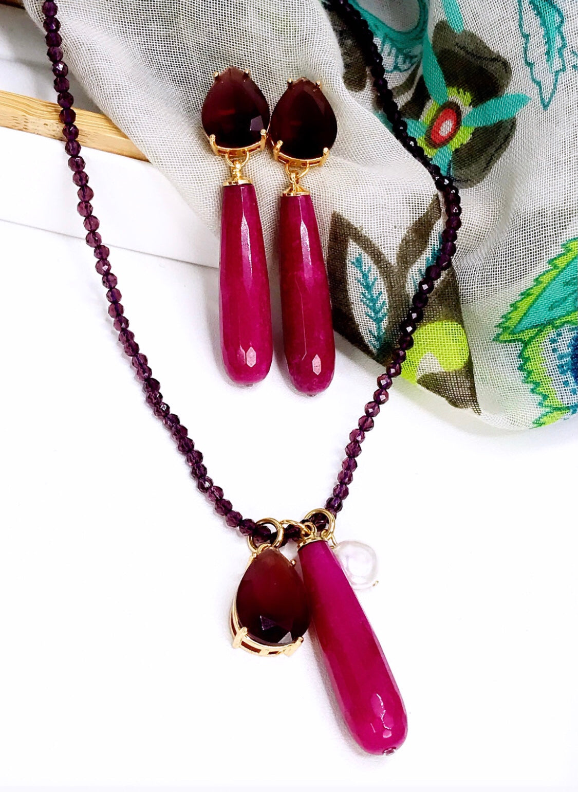 Maroon Jade Gem Necklace and Earring Set